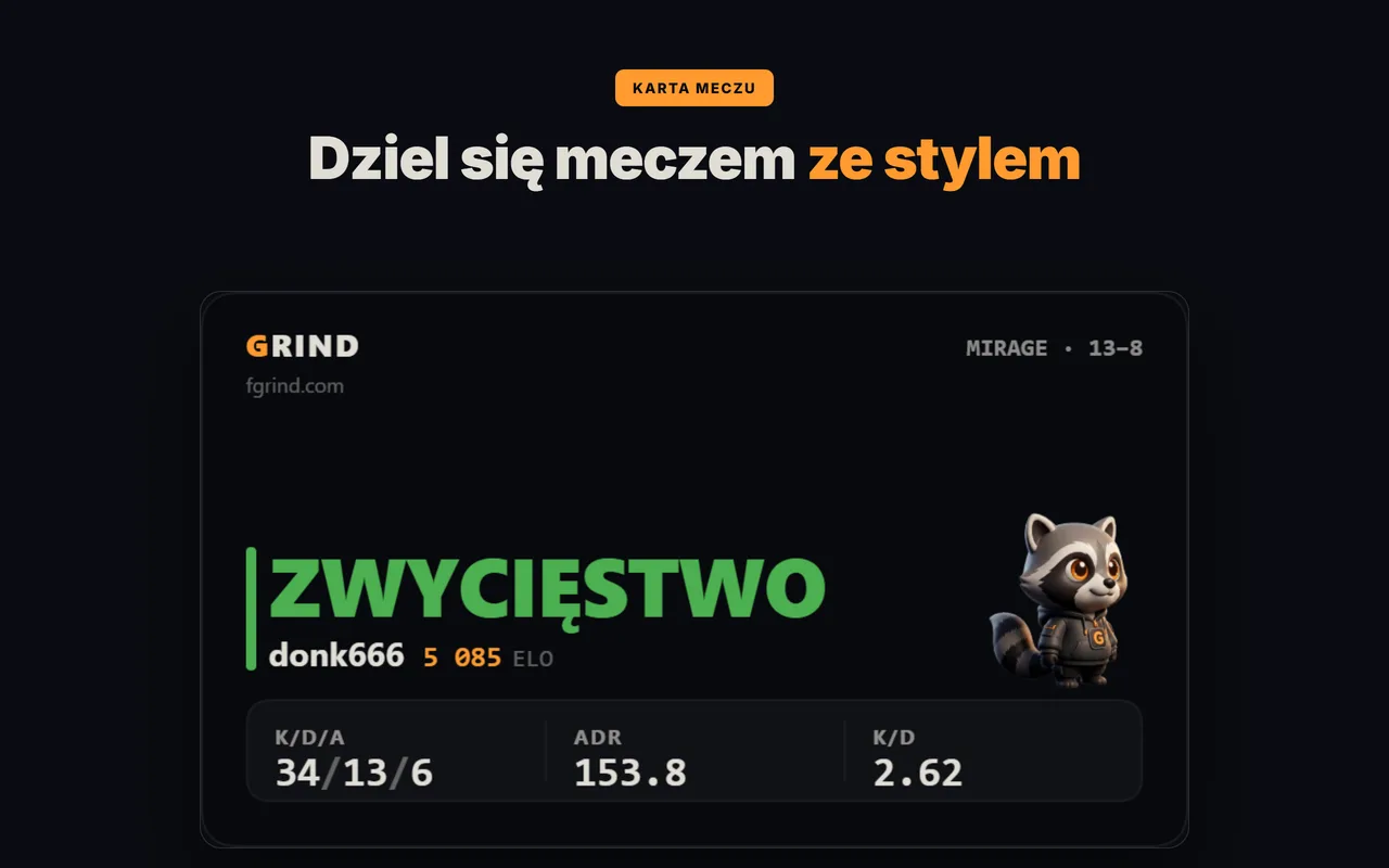 Karta statystyk meczu FACEIT w GRIND do udostępnienia wyniku